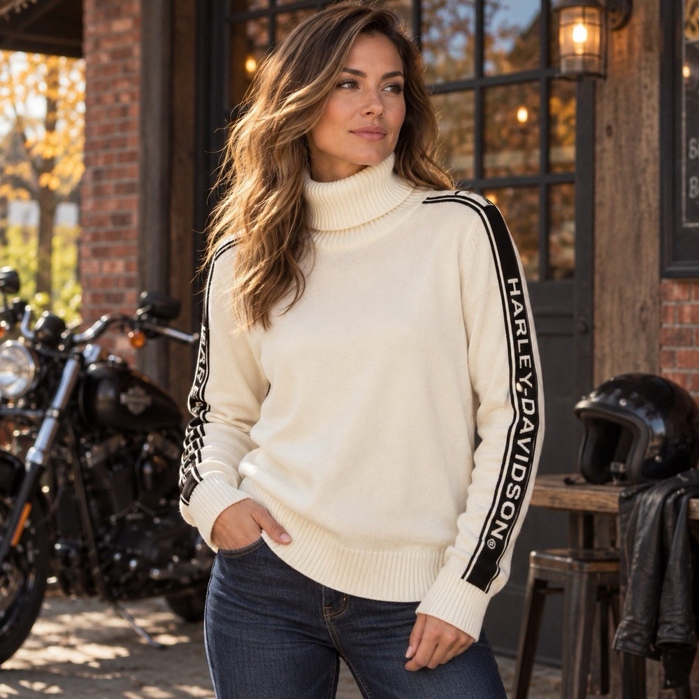 Harley Davidson 2007 Turtleneck Sweater Womens L Cream Racing Stripe Moto Y2K